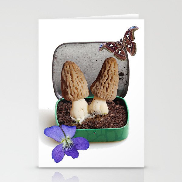 Spring Morel Mushrooms with Tin, Moth and Violets Stationery Cards
