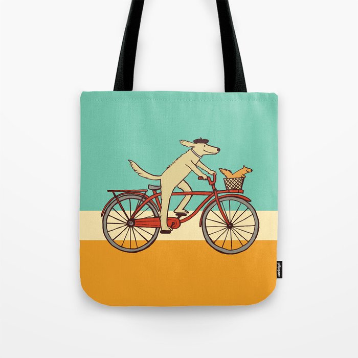 Cycling Dog with Squirrel Friend Tote Bag