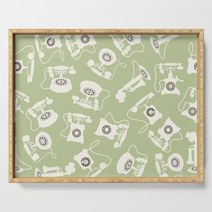 Vintage Rotary Dial Telephone Pattern on Pastel Sage Green Serving Tray