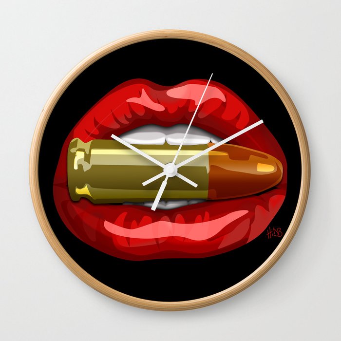 Biting The Bullet Red Lips on Black Wall Clock