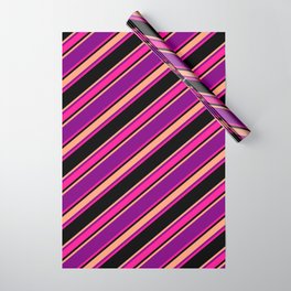 [ Thumbnail: Purple, Deep Pink, Black & Light Salmon Colored Striped Pattern Wrapping Paper ]