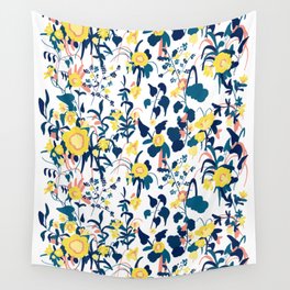 Buttercup yellow, salmon pink, and navy blue flowers on white background pattern Wall Tapestry