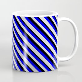 [ Thumbnail: Blue, Light Grey & Black Colored Lines/Stripes Pattern Coffee Mug ]