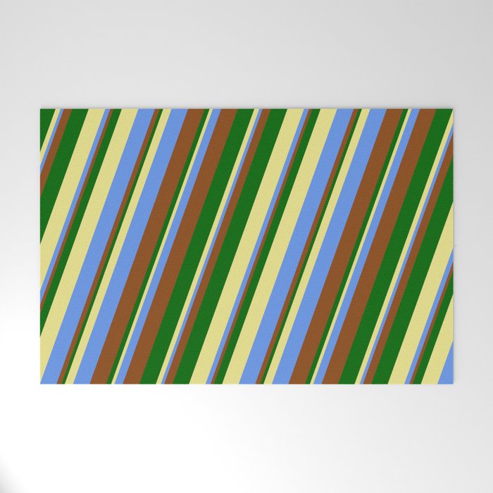 Tan, Cornflower Blue, Brown, and Dark Green Colored Lines/Stripes Pattern Welcome Mat