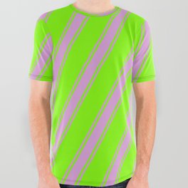 [ Thumbnail: Chartreuse & Plum Colored Striped/Lined Pattern All Over Graphic Tee ]