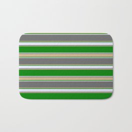 [ Thumbnail: Dim Gray, Tan, Green & Lavender Colored Pattern of Stripes Bath Mat ]