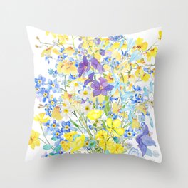 purple blue and yellow flowers bouquet watercolor   Throw Pillow