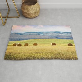 Clash of Seasons Rug | Dreamy, Digital, Countryside, Roundhaybales, Hayfield, Color, Colorful, Rural, Montana, Mountains 