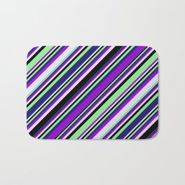 [ Thumbnail: Vibrant Dark Violet, Lavender, Black, Light Green & Midnight Blue Colored Lines Pattern Bath Mat ]