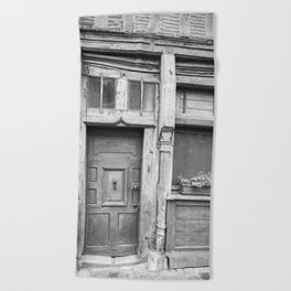 Black and white vintage wooden door art print - old french frontdoor - street and travel photography Beach Towel