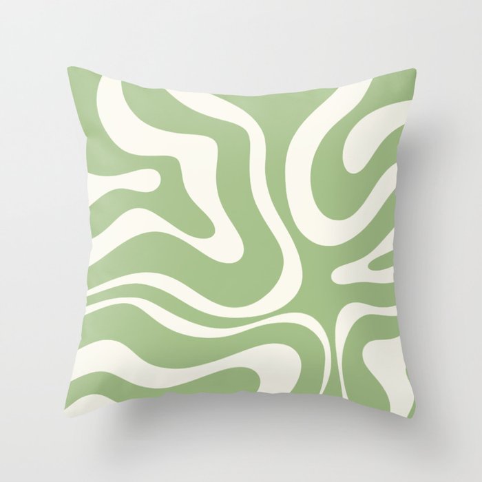 Modern Liquid Swirl Abstract Pattern in Light Sage Green and Cream Throw Pillow