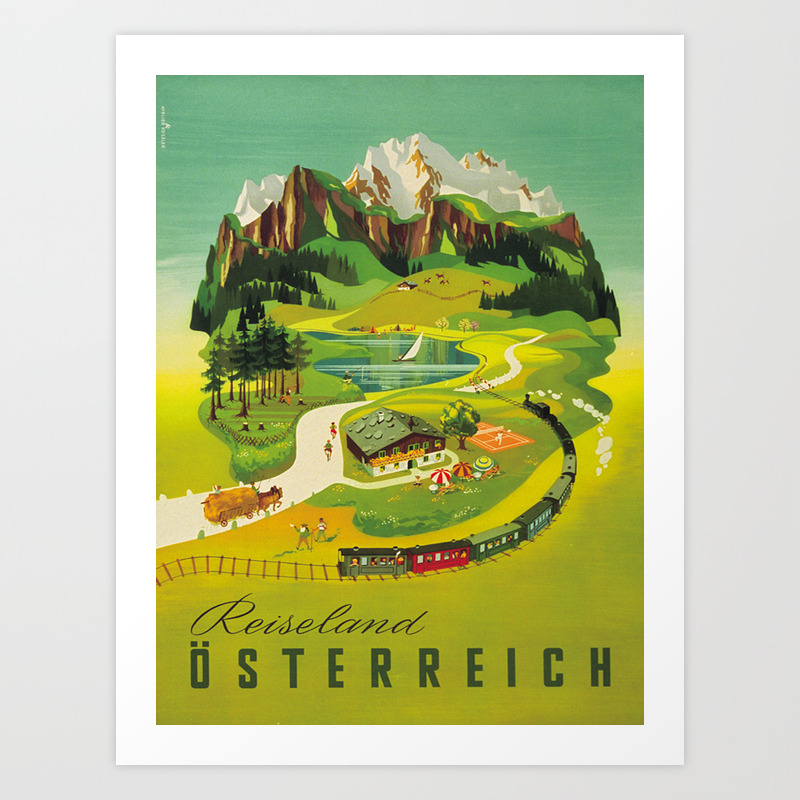 Austria Vintage Mid Century Modern Travel Poster Beautiful Green Mountain Landscape Diagram Art Print By Enshape Society6