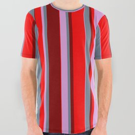[ Thumbnail: Plum, Slate Gray, Maroon, and Red Colored Lines Pattern All Over Graphic Tee ]