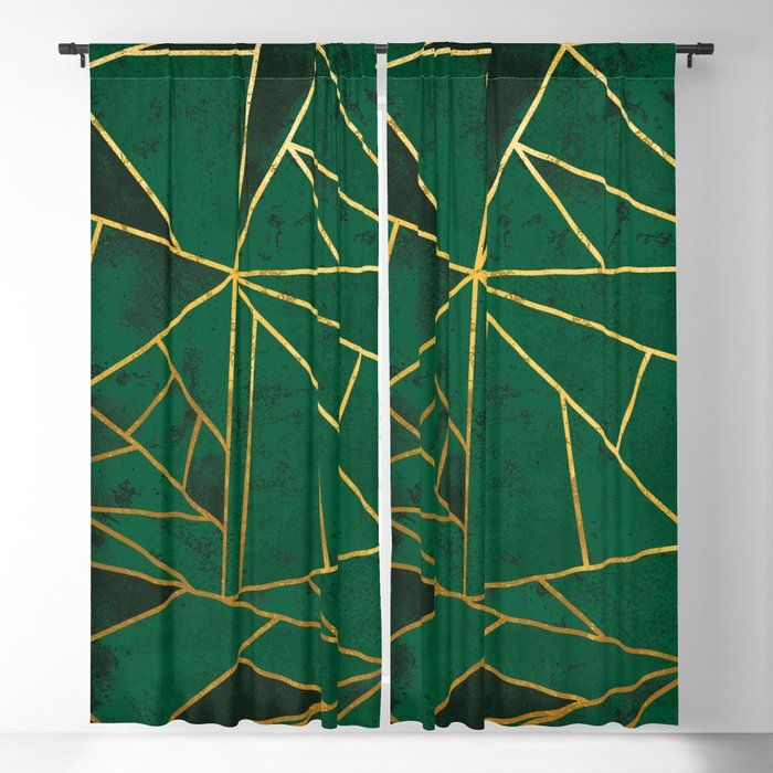 Emerald Green Modern Geometric Gold Lines Blackout Curtain ...