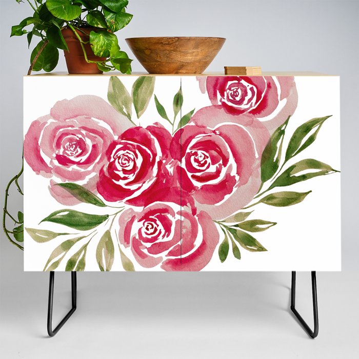 Rose Loose Floral Watercolor Painting Credenza