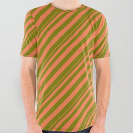 [ Thumbnail: Coral & Green Colored Striped Pattern All Over Graphic Tee ]