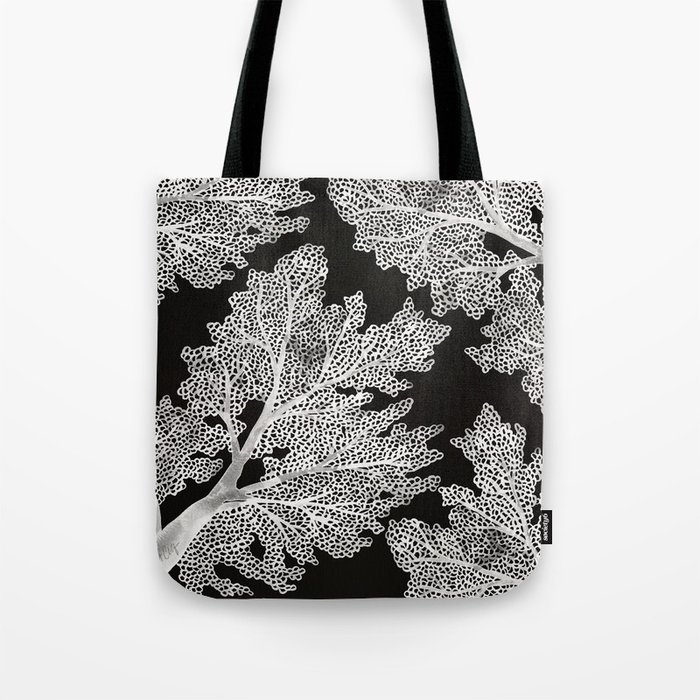 Sea Fan Coral – White on Black Tote Bag