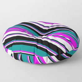 [ Thumbnail: Teal, Fuchsia, White, and Black Colored Lined/Striped Pattern Floor Pillow ]