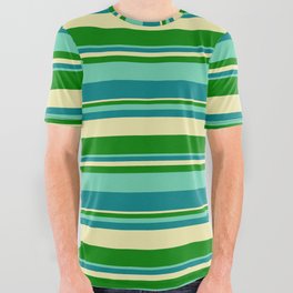 [ Thumbnail: Aquamarine, Teal, Pale Goldenrod, and Green Colored Striped Pattern All Over Graphic Tee ]