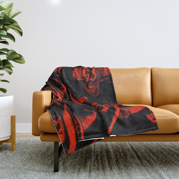 Witch Skulls Vintage Horror Black Blood Red Throw Blanket