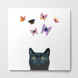 Cat 606 with butterflies Metal Print | Painting, Black and White, Butterflies, Pet, Animal, Catlookingup, Butterfly, Blackcat, Dumas, Artbylucie 