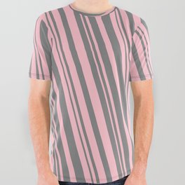 [ Thumbnail: Pink and Grey Colored Striped Pattern All Over Graphic Tee ]