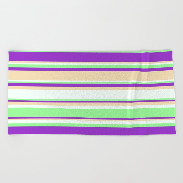 Dark Orchid, Tan, Mint Cream, and Green Colored Stripes Pattern Beach Towel