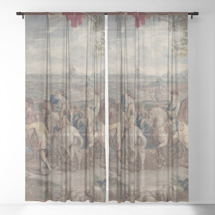Antique 18th Century 'The March' Flemish Landscape Tapestry Sheer Curtain