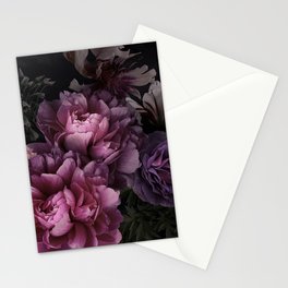 Vintage Floral Card Beautiful Garden Flowers. Peonies, Roses, Tulips Leaves, Decorative Herbs on Black Background.  Stationery Card