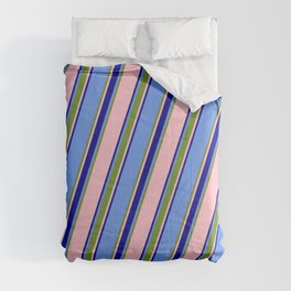 [ Thumbnail: Cornflower Blue, Green, Pink & Dark Blue Colored Striped/Lined Pattern Comforter ]