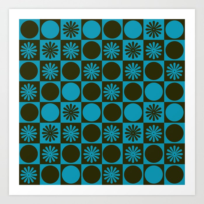 Retro Checkered Pattern (Muted Blue / Dark Green) Art Print