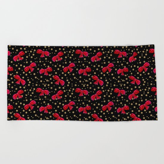 Red bow and glitter golden polka dots seamless pattern Beach Towel