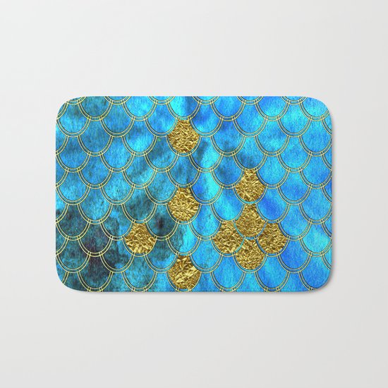 Blue aqua turquoise and gold glitter mermaid scales - Beautiful mermaidscales pattern on #Society6 Bath Mat