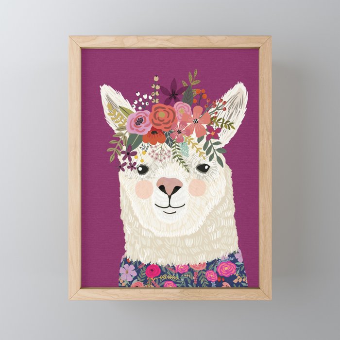 Alpaca with flowers on head. Purple Framed Mini Art Print