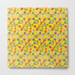 Asian Flowers with peonys and lilys on a bright yellow background Metal Print