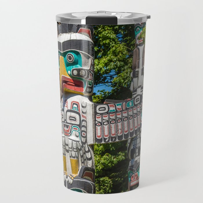 Close up of an eagle themed Totem Pole in Stanley Park Travel Mug