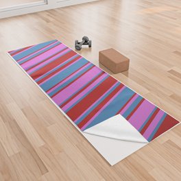 [ Thumbnail: Orchid, Red & Blue Colored Lined/Striped Pattern Yoga Towel ]