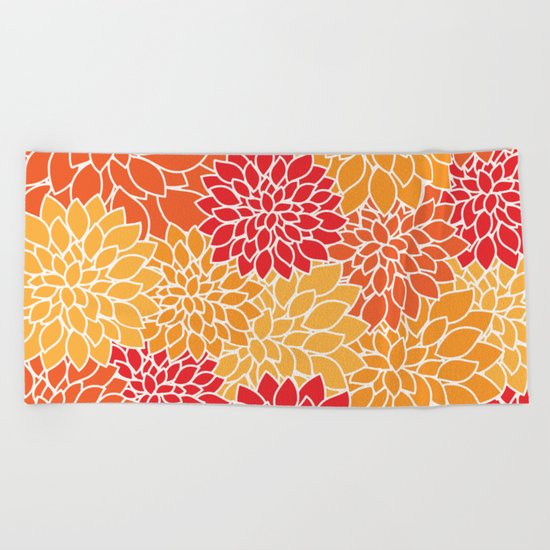 Shades of Orange Flower Pattern - Floral Art Beach Towel