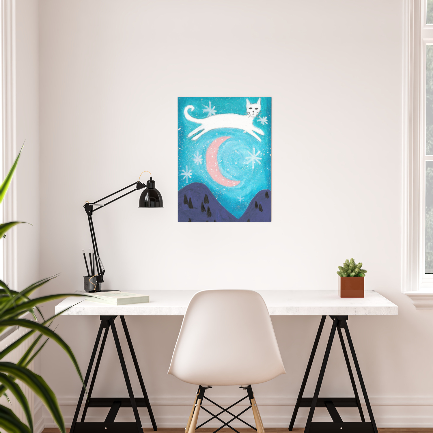 The Cat Jumped Over The Moon Folk Art Painting Poster By