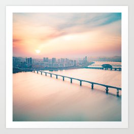 South Korea Photography - Sunrise Over The City Bridges Art Print