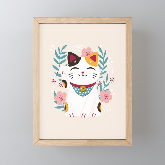 Japanese Lucky Cat with Cherry Blossoms Framed Mini Art Print
