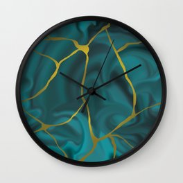 Kintsugi Marble Pattern - Turquoise Gold Wall Clock | Japaneseceramic, Painting, Liquid, Broken, Wabisabi, Turquoise, Imperfect, Kintsugi, Cracked, Aesthetic 