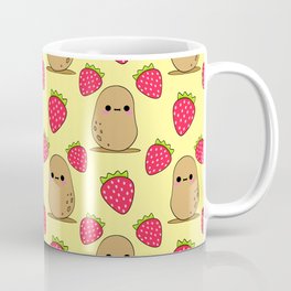 Cute funny sweet adorable little baby potatoes and red ripe summer strawberries cartoon light bright sunny pastel yellow pattern design Mug