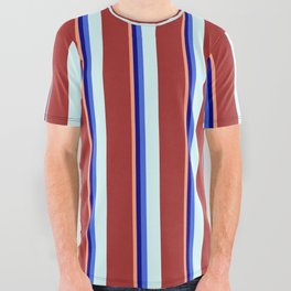 [ Thumbnail: Eyecatching Light Salmon, Blue, Royal Blue, Light Cyan, and Brown Colored Lined/Striped Pattern All Over Graphic Tee ]