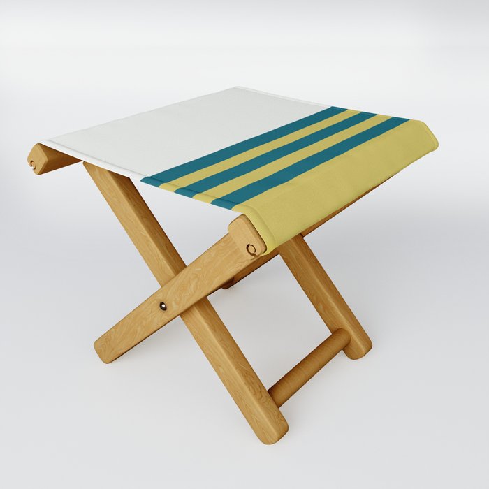 Off White, Dark Yellow and Tropical Dark Teal Inspired by Sherwin Williams 2020 Trending Color Oceanside SW6496 Straight Horizontal Triple Stripe Pattern 2 Folding Stool