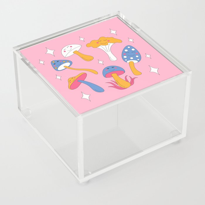 Retro mushrooms and smiles and sparkles. Pink background. Acrylic Box