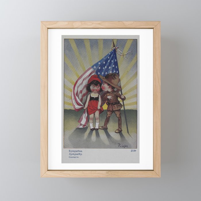 An Adorable Kiss Under American Flag - Simpathy Peace Usa & Russia Framed Mini Art Print
