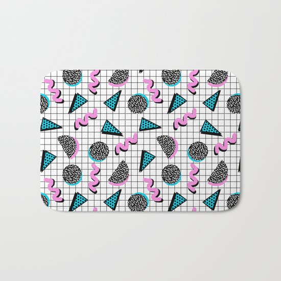 It's Casual - memphis throwback retro neon squiggle grid shapes geometric black and white modern art Bath Mat