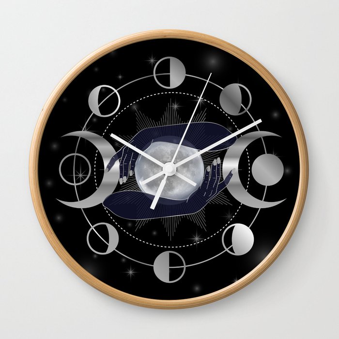 Full moon and triple goddess in hands of a witch Wall Clock