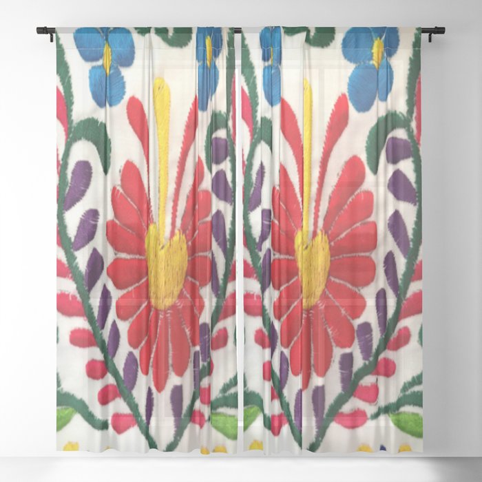Red Mexican Flower Sheer Curtain